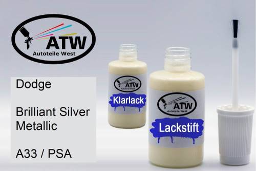 Dodge, Brilliant Silver Metallic, A33 / PSA: 20ml Lackstift + 20ml Klarlack - Set, von ATW Autoteile West.